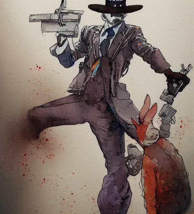 Image similar to a 3 / 4 view watercolor ink painting of an anthropomorphic bunny gunslinger posing with their revolver - rifle in the style of jean giraud in the style of moebius trending on artstation deviantart pinterest detailed realistic hd 8 k high resolution