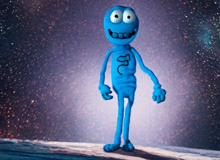 Image similar to film still of mr. meeseeks in the new scifi movie, 4 k, highly intricate, hyper realistic