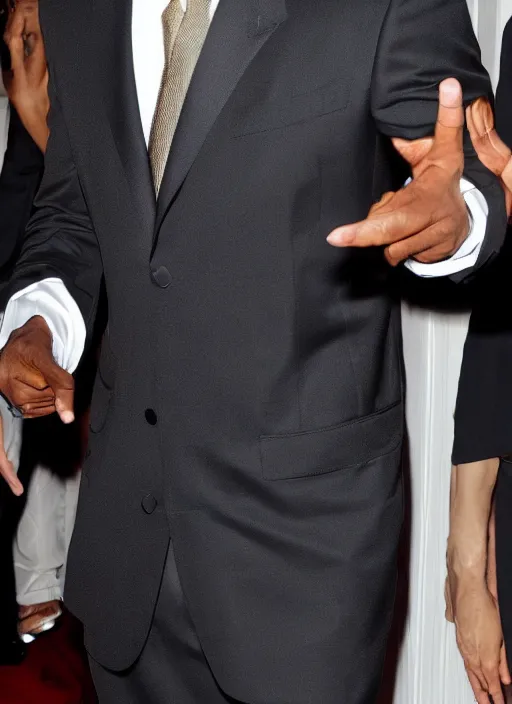 Image similar to Will Smith in a suit with an enormous hand