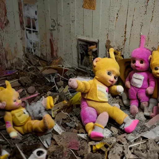 Image similar to burning teletubbies plush dolls inside abandoned dollhouse