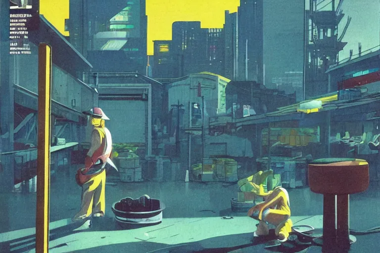 Image similar to 1979 OMNI Magazine Cover of a dumb ogre working at a fish market warehouse. In the background are street level views of neo-Tokyo in cyberpunk style by Vincent Di Fate