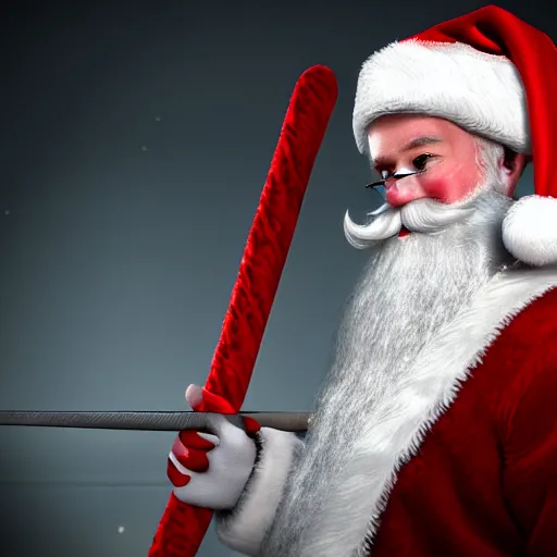 Image similar to high quality photo of santa claus with a candy cane sword, movie still, cinematic, 8 k, unreal engine, 3 d render