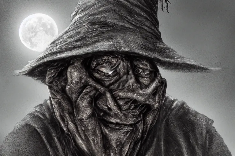 Prompt: a blind old wizard in a pointed hat, frightened look, fear in empty eyes, dark night, full moon, extreme close up, crows on the oak tree, highly detailed digital art, photorealistic