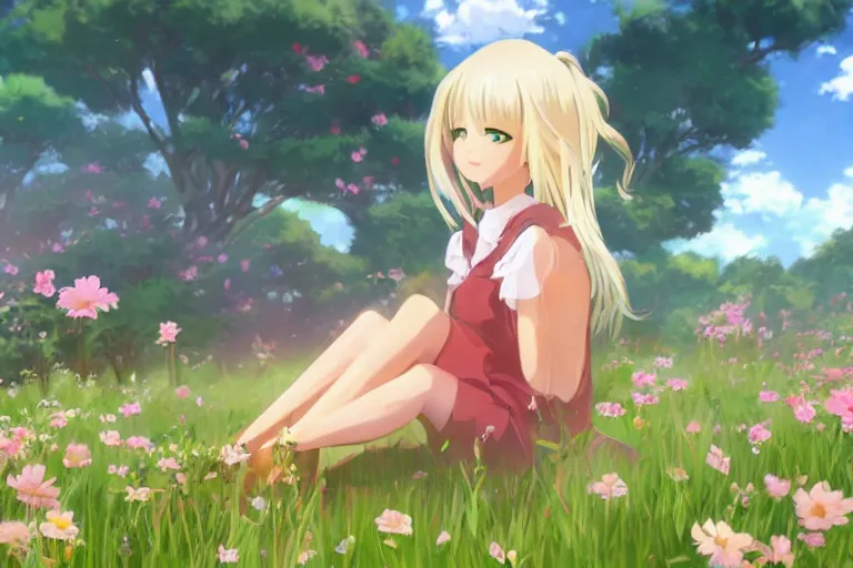 Image similar to beautiful anime blonde girl sitting in a field full of flowers, highly detailed, realistic, dynamic lighting, cinematic, masterpiece, trending on artstation, in the style of studio Ghibli