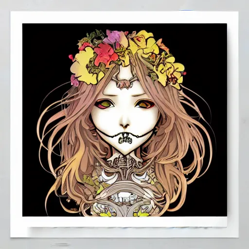 Image similar to anime manga skull portrait girl angel face skeleton illustration style by Alphonse Mucha and Takashi Murakami pop art nouveau