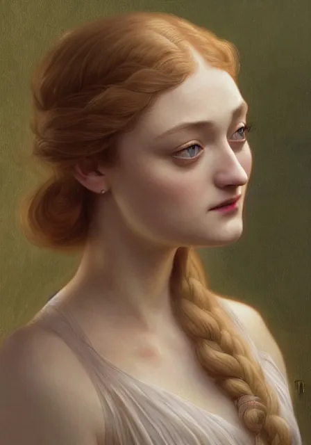 Image similar to sansa dakota fanning, intricate, elegant, highly detailed, digital painting, artstation, concept art, smooth, sharp focus, illustration, art by artgerm and greg rutkowski and alphonse mucha and william - adolphe bouguereau