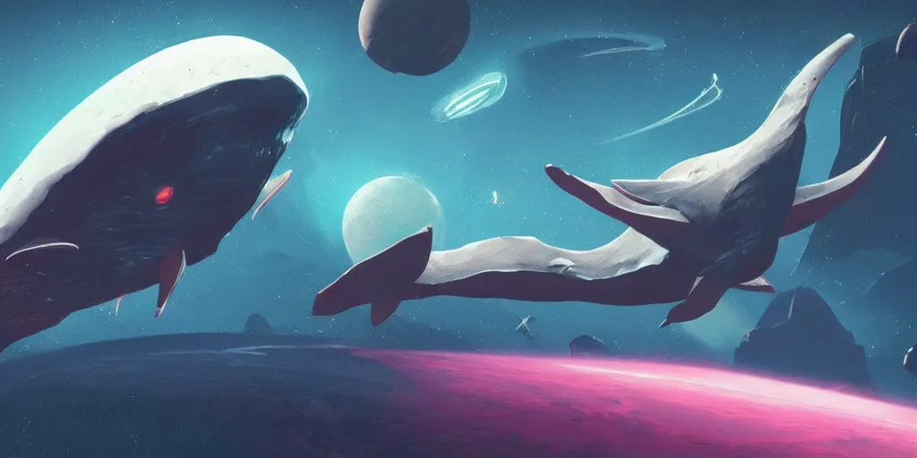 Image similar to no mans sky concept art of flying whale, space whale