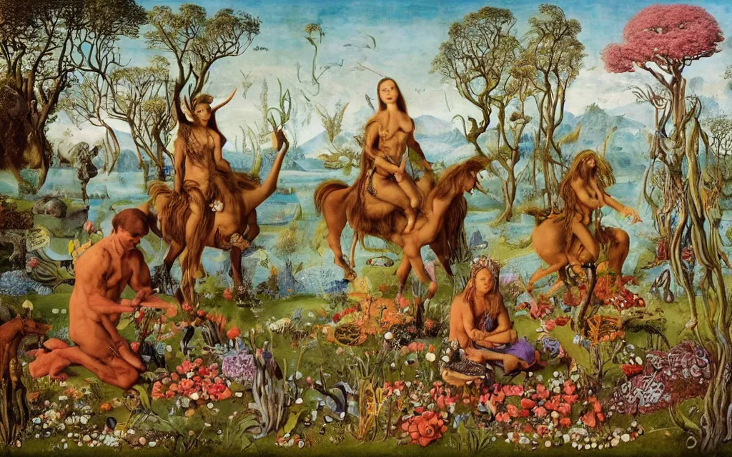 Prompt: photograph of a meditating centaur shaman and a mermaid feeding animals. surrounded by bulbous flowers, animals and a few trees. river delta with dry rocky mountains under a blue sky full of burning stars. painted by jan van eyck, max ernst, ernst haeckel, ernst fuchs and artgerm. trending on artstation, trending on cgsociety