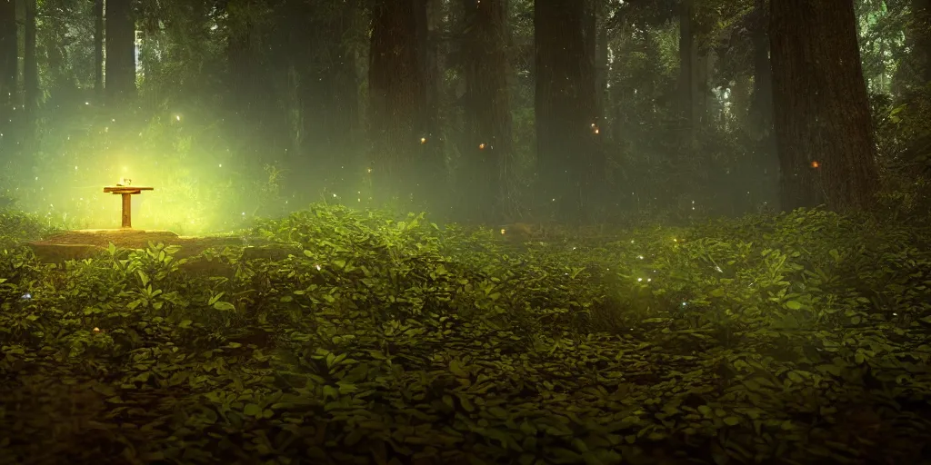 Prompt: a close shot to a mysterious relic in the middle of the forest, night, fireflies unreal engine 5, depth of field, rule of thirds, contest winner, cgsociety, brilliant colors, colorful