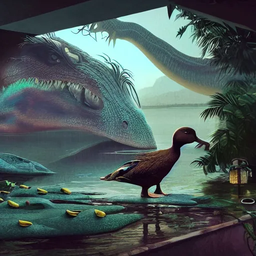Prompt: a duck in about to be eaten by a dinosaur intricate artwork by Tooth Wu and wlop and beeple and Dan Mumford. Octane render, trending on artstation, greg rutkowski very coherent symmetrical artwork. Cinematic, hyper realism, high detail 8k