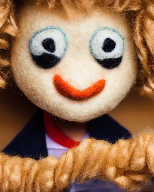 Image similar to sad puppet on the computer highly detailed felt. hyper real photo. 4 k.
