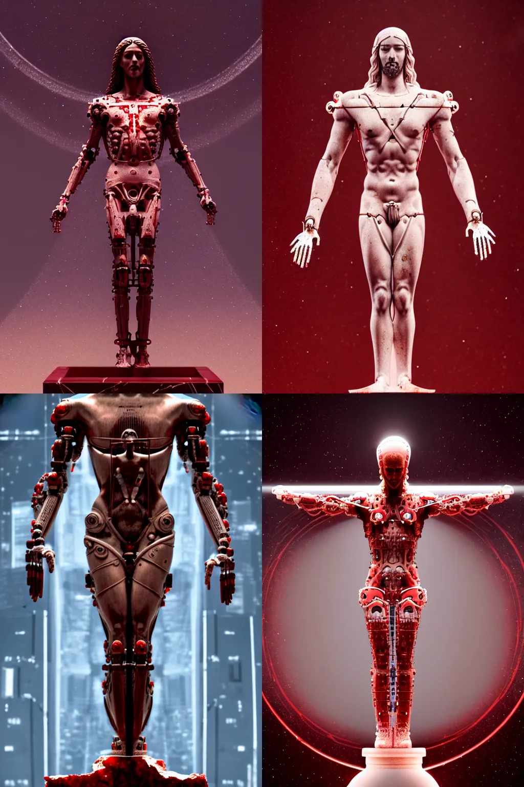 Prompt: a statue jesus on cross made of red marble, perfect symmetrical body, full body shot, white biomechanical, wearing epic bionic cyborg implants, space station, masterpiece, intricate, biopunk, vogue, highly detailed, artstation, concept art, background galaxy, cyberpunk, octane render