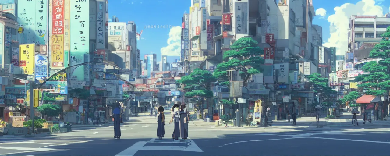 Prompt: A screenshot of the seoul city street in the scene in the Ghibli anime film Kimi no na wa, pretty rim highlights and specular