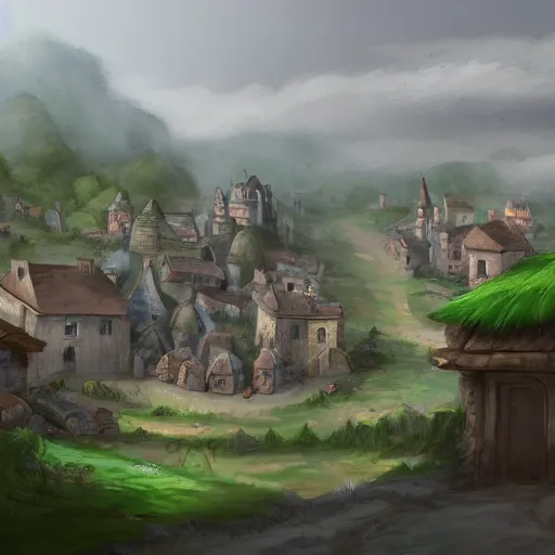 Image similar to d & d phandalin small rough and tumble town with a few cozy stone buildings along the main road. in the background on a hill is a ruined stone keep. forested area surrounds the town. view from the main road. high detail, 4 k, painting concept art