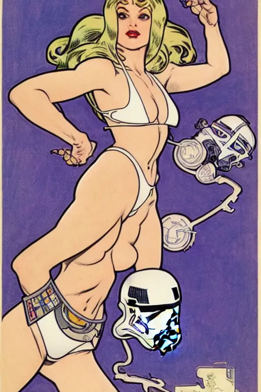Image similar to female in white bikini with tattoos and stormtrooper helmet, well composed, clean elegant painting, beautiful detailed face. comic book art by steve ditko and jack kirby and ( alphonse mucha )