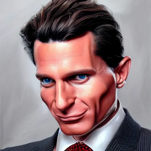 Image similar to Caricature portraits done of Patrick Bateman, realistic, hyperrealistic, very realistic, highly detailed, very detailed, extremely detailed, detailed, oil painting, digital art, trending on artstation