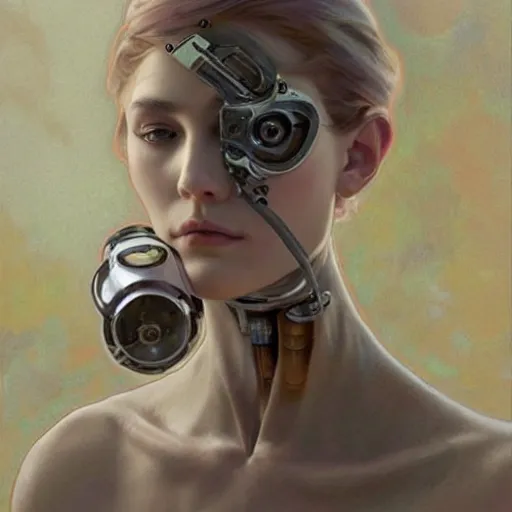 Prompt: female robot, chrome, holding paintbrush, incredibly detailed face, pretty face, true anatomy, art by artgerm and greg rutkowski and alphonse mucha