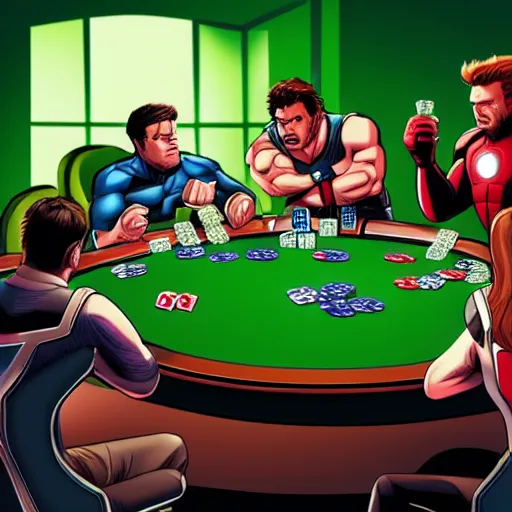 Image similar to The Avengers playing Texas Hold'em Poker at a round table, Hulk going all in, trending digital art, artstation