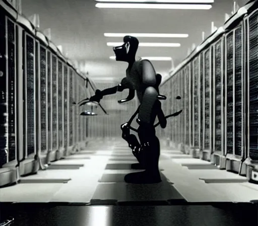 Image similar to high detailed industreal cyborg working in sci - fi server room. cinematic shot from odyssey 2 0 0 1 by stanley kubrick