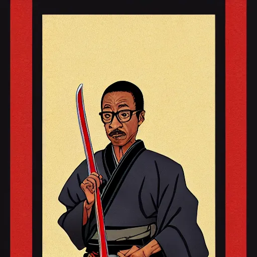 Image similar to gus fring from breaking bad wearing samurai armor and holding a katana in feudal japan, 4 k, hyper realistic, ink block painting, edo period