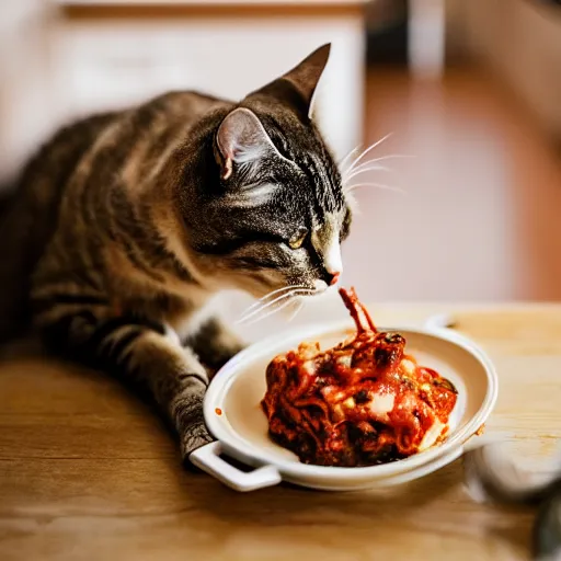 Prompt: Cat eating lasagna of the kitchen table, photorealistic, 40nm lens, 4k,
