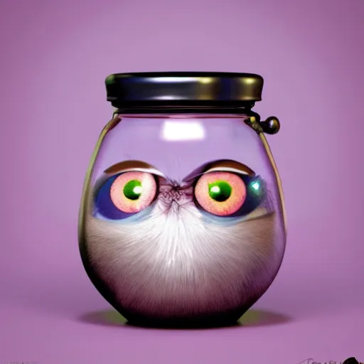 Prompt: cutie fluffy creature with big eyes in a jar, digital art, 3 d, octave render, masterpiece, mega detailed, pixar, disney, vivid illustration, fantasy, by george stubbs, frederic leighton, james jean