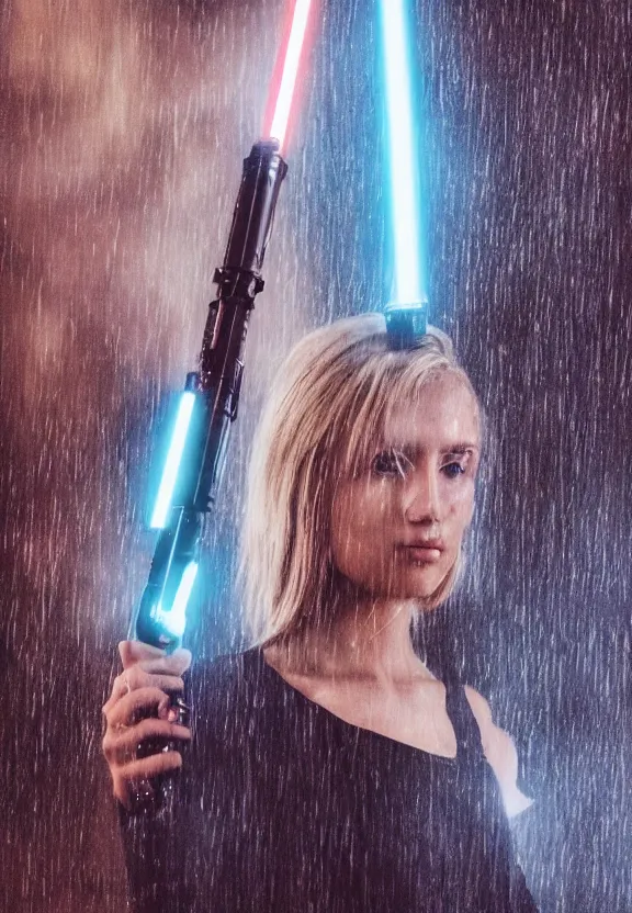 Prompt: cute model annie leonhart holding a lightsaber, beautiful face, detailed face, realistic eyes, cinematic lighting, rainy weather, melancholy atmosphere, volumetric light, realistic reflections, model agency, instagram photo, shot on sony a 7 iii, beauty filter, postprocessing