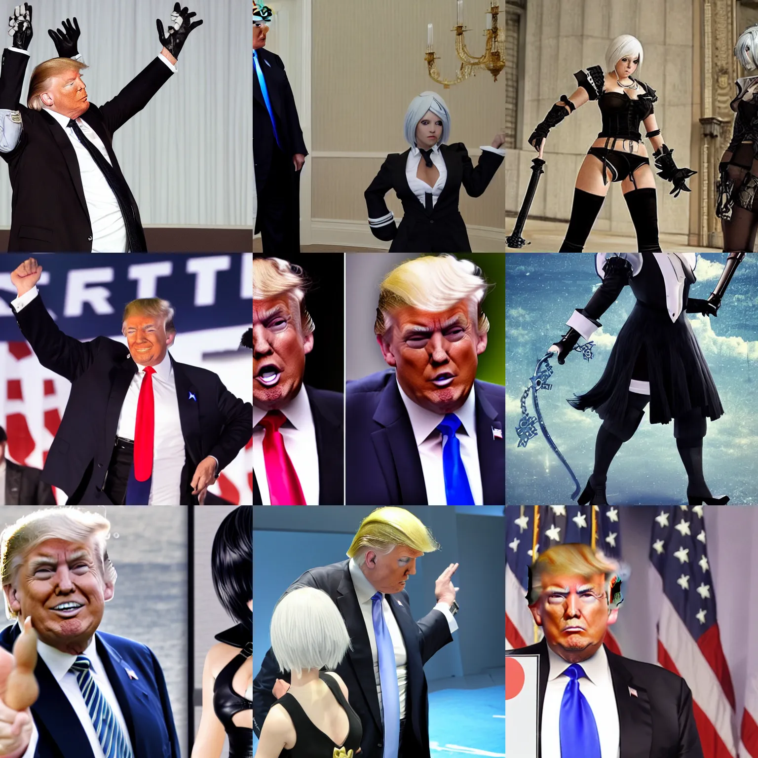 Prompt: donald trump shows off his 2 b cosplay from nier