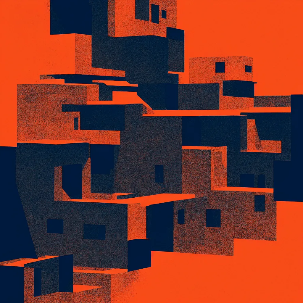 Image similar to kyoto, mads berg, karolis strautniekas, film noir, stippled light, dramatic lighting, editorial illustration, detailed, fine texture, matte print, art deco, brutalism, dark blue + dark orange, red, black, ( ( habitat 6 7 background ) )