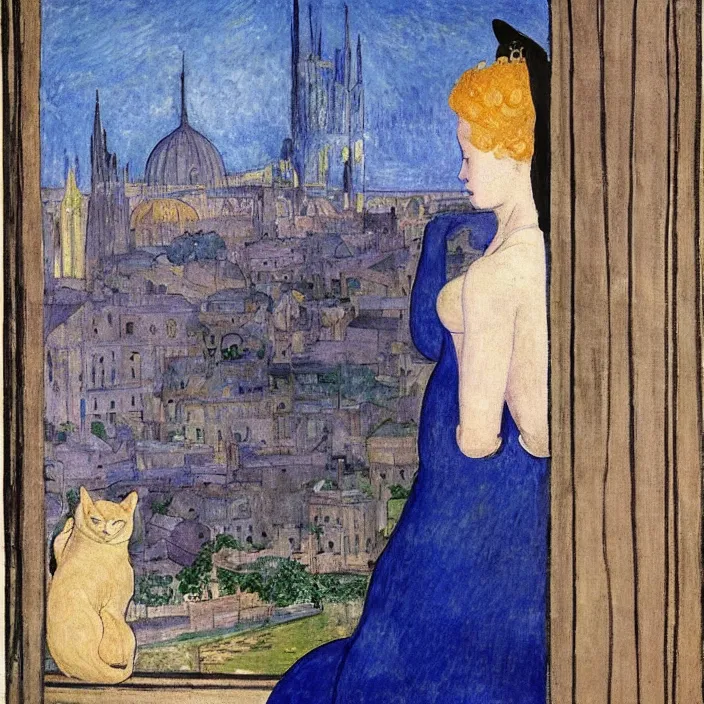 Image similar to portrait of woman in night gown with cat with city with gothic cathedral seen from a window frame with curtains. lapis - lazuli, malacchite, turquoise, indigo. piero della francesca, bonnard, henri de toulouse - lautrec, utamaro, matisse, monet, audubon