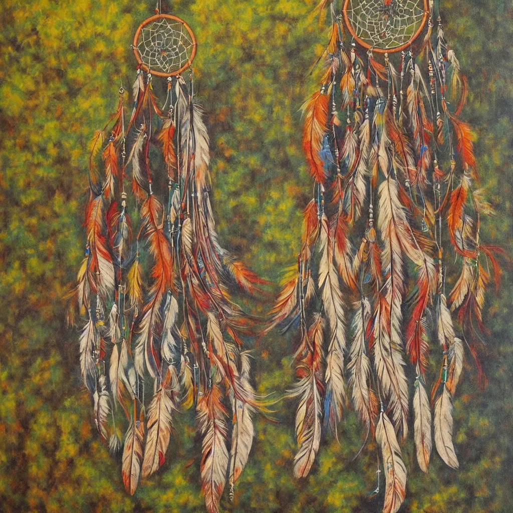 Prompt: dreamcatcher, native american art, peaceful, forest, countryside, realistic, oil painting,