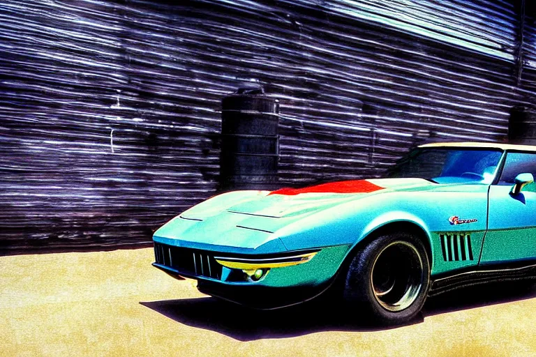 Image similar to stylized poster of mad max's pursuit special corvette, thick neon lights, ektachrome photograph, volumetric lighting, f 8 aperture, cinematic eastman 5 3 8 4 film