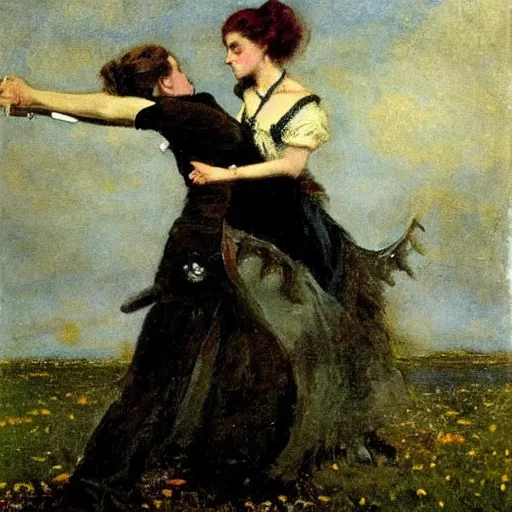 Prompt: young victorian woman fighting a monster, by alfred stevens