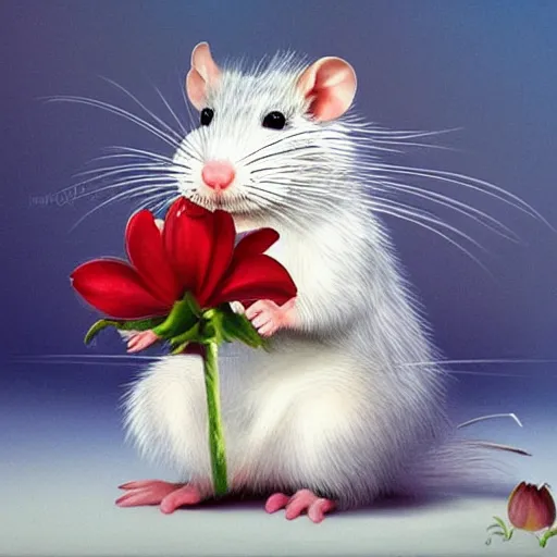 Image similar to photo realistic white rat holding a flower cinematic composition, hyper realism, cute