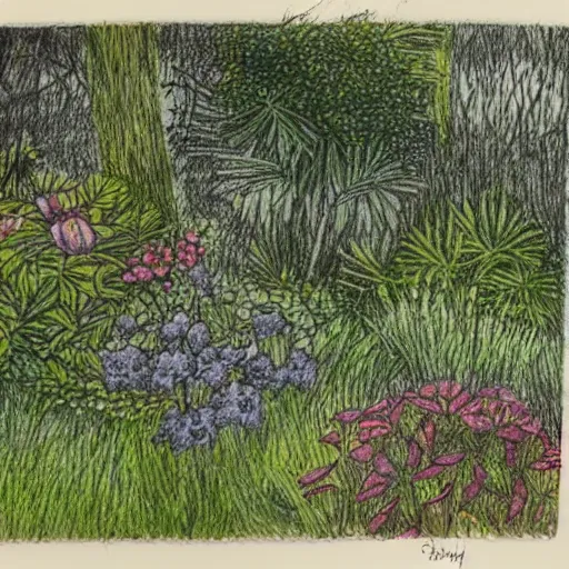 Image similar to Beautiful lush garden. Etching and engraving with colored pencil.