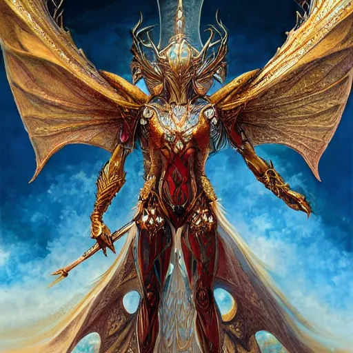 Image similar to a beautiful symmetrical muscular full body wearing a dragon armor with wings made of golden ornaments and gems, by alex gray and android jones , Karol Bak, Ayami Kojima, Amano , concept art, character design, fantasy,3D, 8k resolution