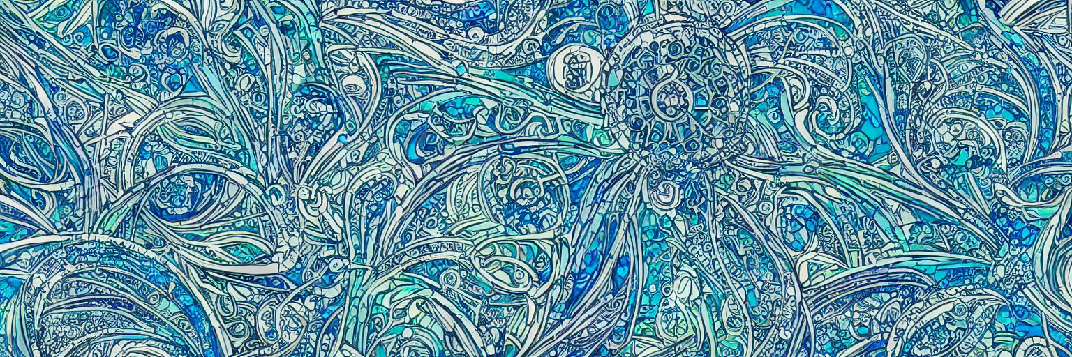 Image similar to shades of blue and green forming art nouveau explosions, white lining, vivid colors, intricate, ornate, circuitry, gears, sparkle, extremely hyperdetailed line art, sharp focus