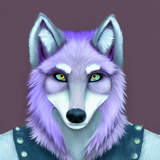 Image similar to An anthropomorphic lavender-colored wolf character with spiky white hair, furry fandom, digital painting, portrait, stylised, cute