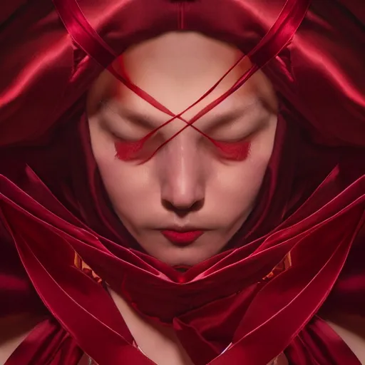 Image similar to chaotic burgundy satin ribbons instead of skin build image of face, one point perspective, moebius, bao pham, donato giancola, larry elmore, masterpiece, trending on artstation, featured on pixiv, cinematic composition, beautiful lighting, sharp, details, hyper - detailed, hdr, 4 k, 8 k