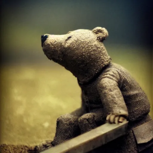 Prompt: smoke behind, tilt shift wwi bear pondering over a dug out trench, dramatic light, zdzidaw, ultrafine, hyperrealistic, vintage, retro, 3 5 mm film still, movie