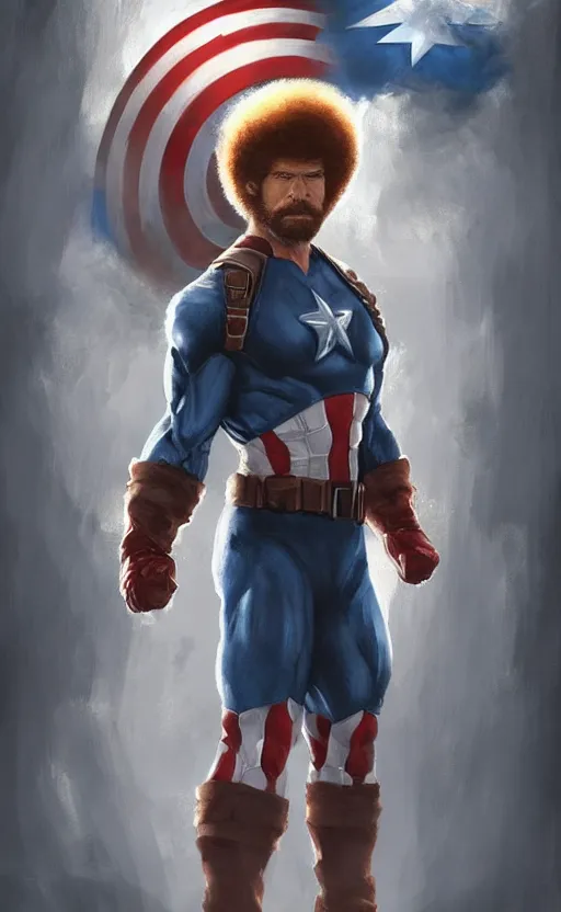 Image similar to bob ross as captain america, dynamic lighting, cinematic, ultra detailed, trending on art station, stunning visuals, creative, fantasy concept art