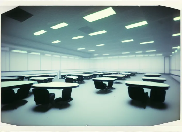 Prompt: polaroid photograph of a large white empty breakroom, retrofuturist liminal space, hundreds of chairs and tables, familiar place, clean, black mold, amateur, unreal engine, photorealistic, trending on artstation