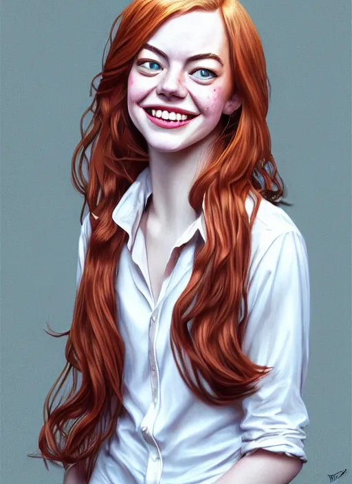 Image similar to portrait of teenage emma stone, long haircut, flowing ginger hair, white shirt, red tie, smiling kindly, 1 9 8 0 s, intricate, elegant, glowing lights, highly detailed, digital painting, artstation, concept art, smooth, sharp focus, illustration, art by wlop, mars ravelo and greg rutkowski