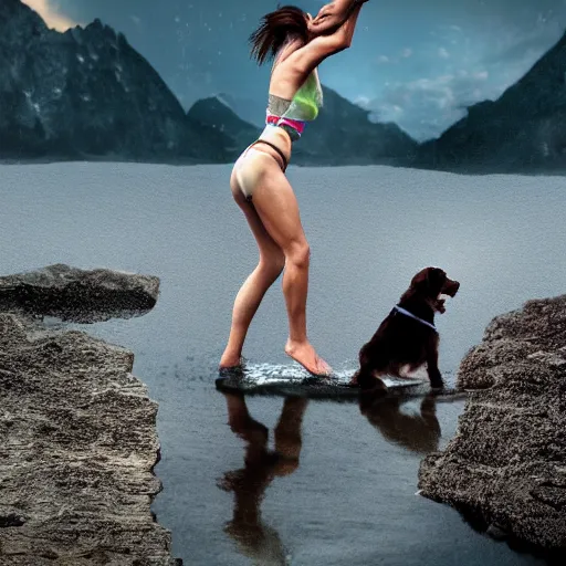 Prompt: photo of a woman jumping in a basin with a dog, gorgeous view, depth, high detail, trending on artstation