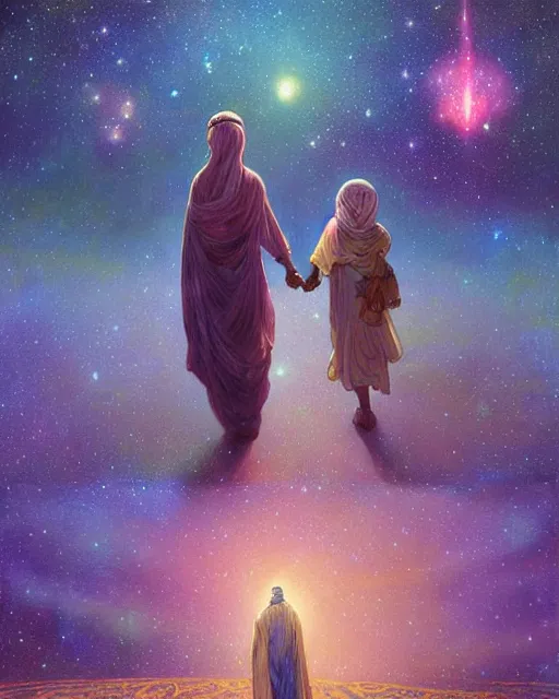 Image similar to bedouin man and woman and child in galaxy walking towards mosque surrounded by nebula, highly detailed, gold filigree, romantic storybook fantasy, soft cinematic lighting, award, disney concept art watercolor illustration by mandy jurgens and alphonse mucha and alena aenami, pastel color palette, featured on artstation