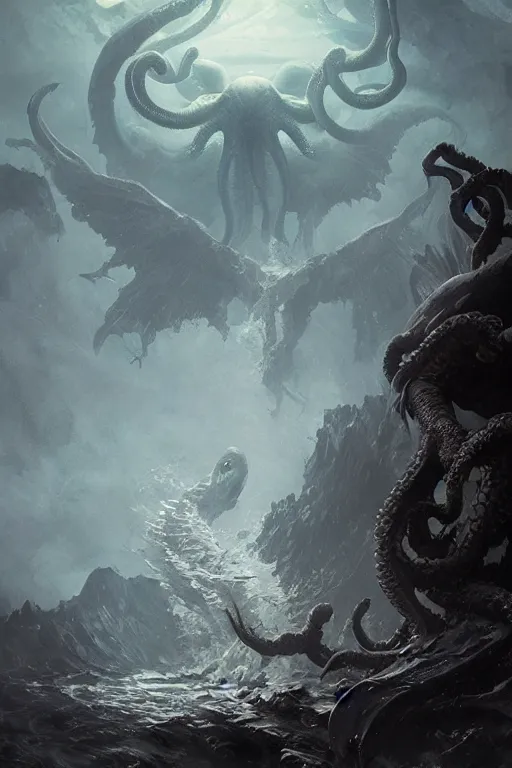 Image similar to cthulhu emerging from the ocean with wings spread, digital art, magic the gathering, a mountain walked or stumbled, mtg, by greg rutkowski, trending on artstation