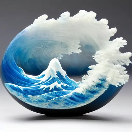 Prompt: a blown glass sculpture of a wave on a table in the style of the great wave off kanagawa, texture by ivan aivazovsky, pastel