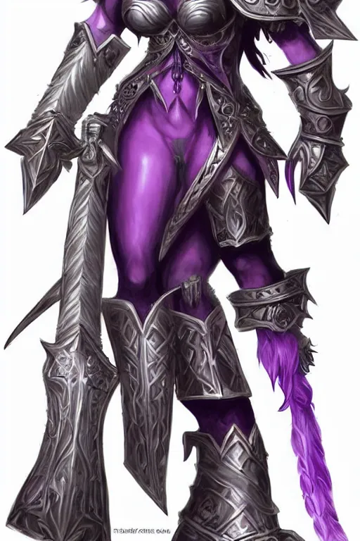 Prompt: world of warcraft concept art, barbarian warrior woman, heavy armor with amethysts, long white hair