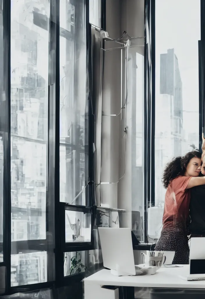 Image similar to wife hugging her husband that is working at his futuritic desk looking at the window with a futuristic city