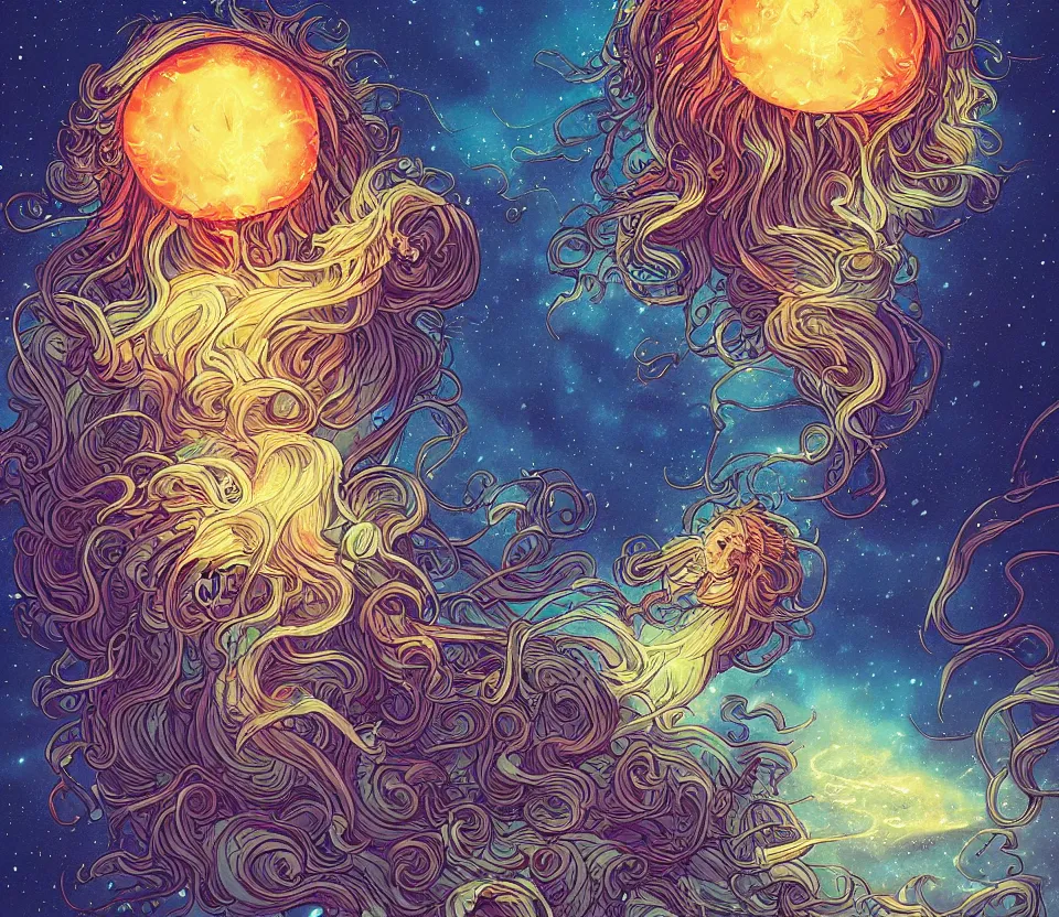 Image similar to gigantic retrowave lion's mane jellyfish flying among the galaxies and nebulae by Laurie Greasley and Peter Mohrbacher and Dan Mumford and Xsullo, tarot card art, hyperdetailed, dramatic lighting, atmospheric lighting, fractal patterns